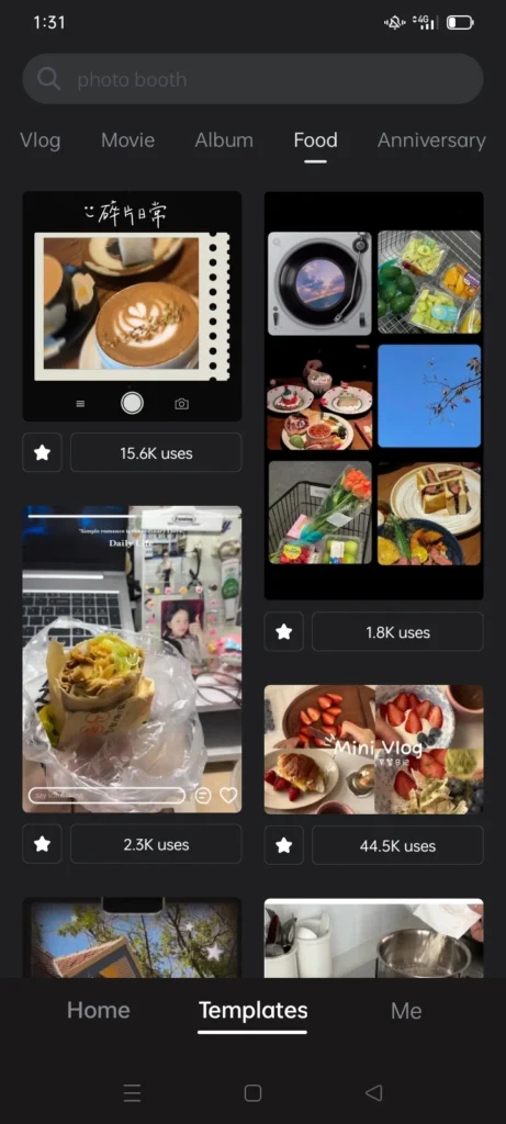 food templete of wink app